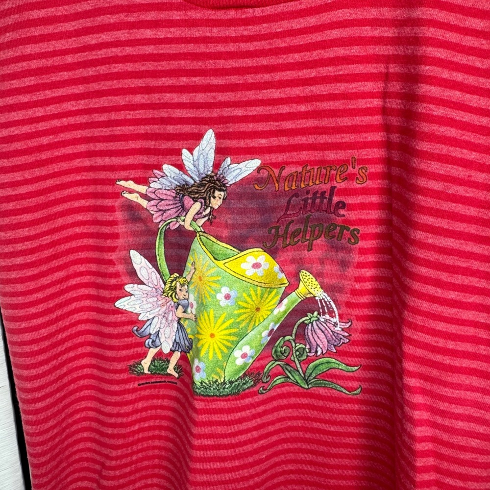 Vintage Natures Little Helpers Fairy Graphic Striped T-Shirt Red Pink Medium - Picture 3 of 5